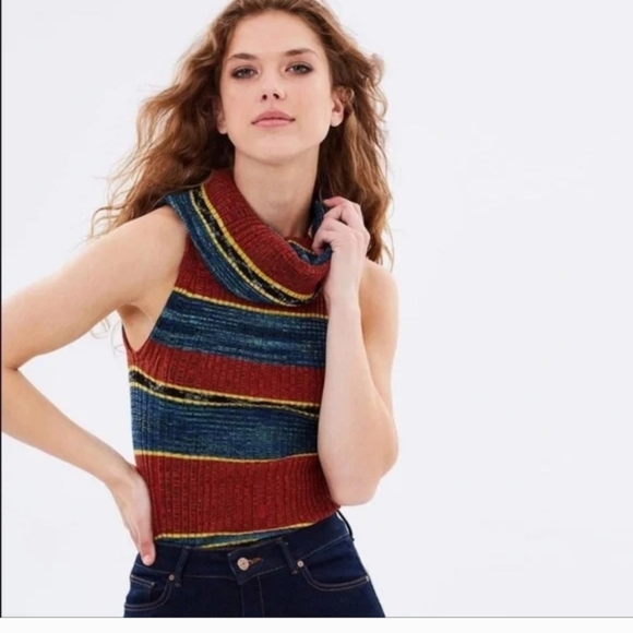 Free People NWT Carly Striped Multicolor Cowl Neck Sweater Large - Picture 2 of 10